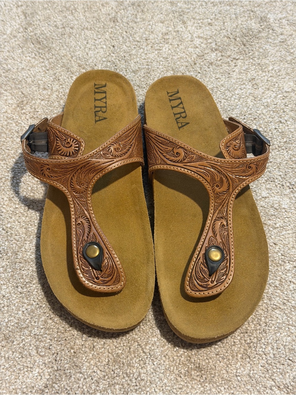 Myra Bag Tan Brown Tooled Leather Thong Sandals